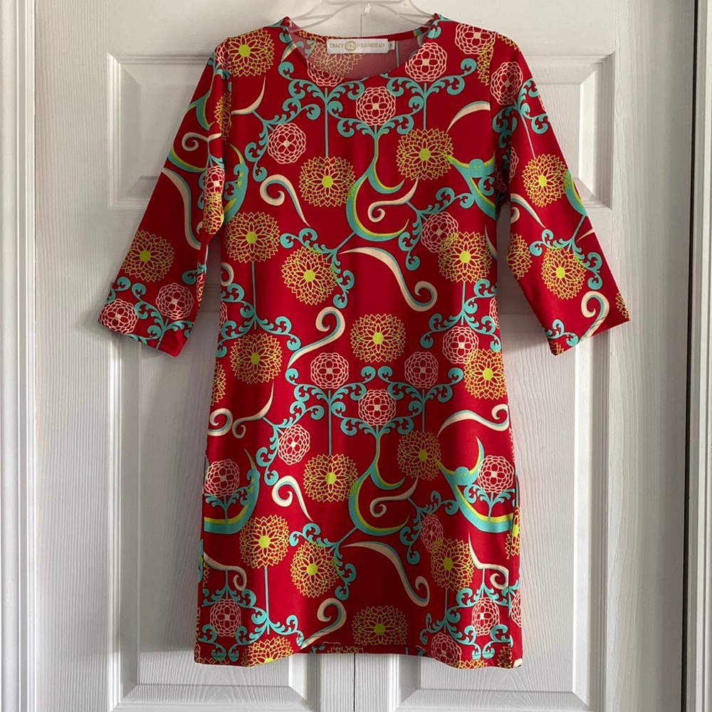 Tracy Negoshian Red, Turquoise and Yellow Print Dress - Size Small